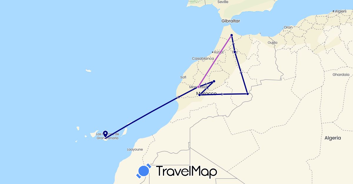 TravelMap itinerary: driving, train in Spain, Morocco (Africa, Europe)